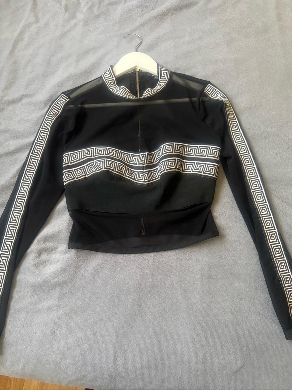 WOW Couture Black Mesh Zip Crop Top with White Greek Key Trim